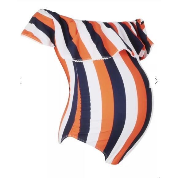 Boohoo Maternity Off The Shoulder Ruffle Stripe White Swimsuit Size 4 - NWT - Picture 2 of 8